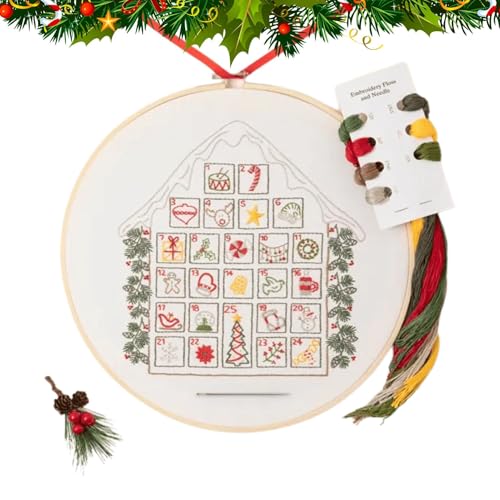 Vriusi Christmas Countdown Embroidery Kit, Embroidery Kit Christmas Ornaments, Countdown, Handmade Embroidery, Snow Covered House Embroidery, 25 Days Countdown Kit, Embroidery Hoop Kit von Vriusi