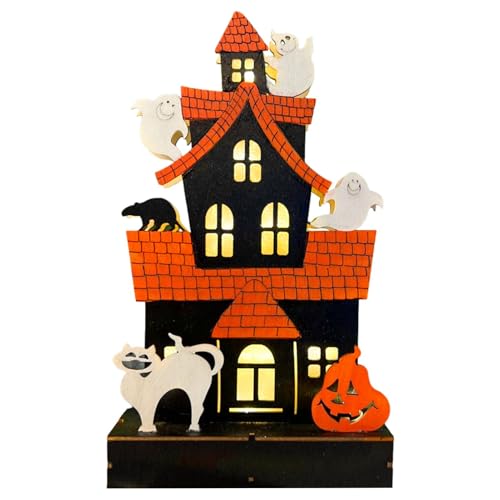 Vriusi Halloween-Tischdekoration, Spooky Indoor Haunted House Lights, Holz Halloween Home Desktop Dekoration, batteriebetrieben Ghost House Decoration Ornamente für Holiday Party Home Decor von Vriusi