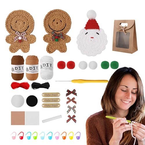 Vriusi Weihnachts-Häkel-Kits, Knitting Kits Garn, Weihnachts-Häkelnadel-Set, Gingerbread Man Knitting Häkelset enthält 3 Coasters mit Video-Tutorials für Anfänger, Ferienhandwerks-Set von Vriusi