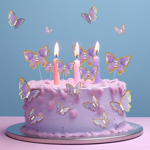 48 Stück Lila Schmetterling Cupcake Toppers, 3D Schmetterling Kuchen Topper für Tortendeko,Gemischte Größe. von Vsosfiza