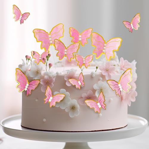48 Stück Rosa Schmetterling Cupcake Toppers, 3D Schmetterling Kuchen Topper für Tortendeko,Gemischte Größe. von Vsosfiza