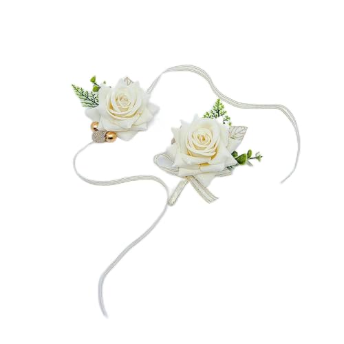 Vsosfiza 1 Satz Boutonniere Und Handgelenk Blume für Braut&Bräutigam,Künstliche Ansteckblume und Seidenarmband für Hochzeit,Jubiläumsdaten Party.(Beige) von Vsosfiza