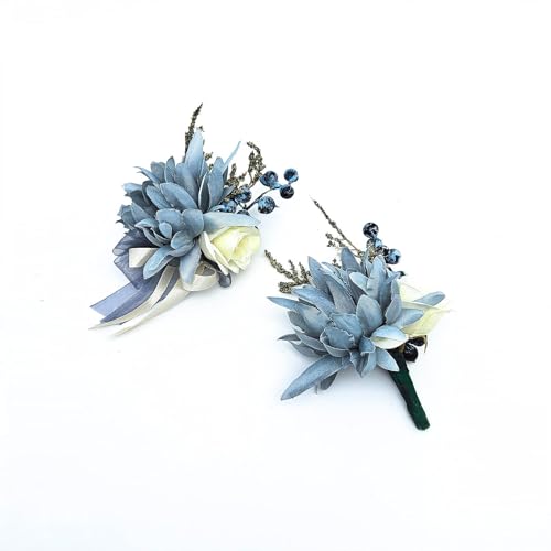 Vsosfiza 1 Satz Boutonniere Und Handgelenk Blume für Braut&Bräutigam,Künstliche Ansteckblume und Seidenarmband für Hochzeit,Jubiläumsdaten Party.(HazeBlau) von Vsosfiza