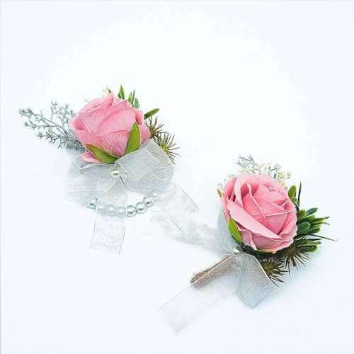 Vsosfiza 1 Satz Boutonniere Und Handgelenk Blume für Braut&Bräutigam,Künstliche Ansteckblume und Seidenarmband für Hochzeit,Jubiläumsdaten Party.(Rosa) von Vsosfiza