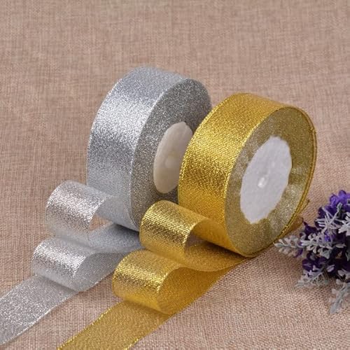 Vsosfiza 2 Rollen Gold und Silber Organzaband, Schleifenband Gold und Silber, Breit Band Rolle Geschenkband (4cm/25Yards) von Vsosfiza