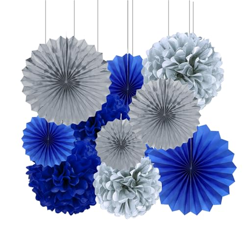 Vsosfiza Papier Dekoration Blau und Silber,Hängender Papier Pompons und Papier fächer Blau Silbrig,Seidenpapier Pompons und Papierfächer für Hochzeit,Geburtstag,Party(10 Stück) von Vsosfiza