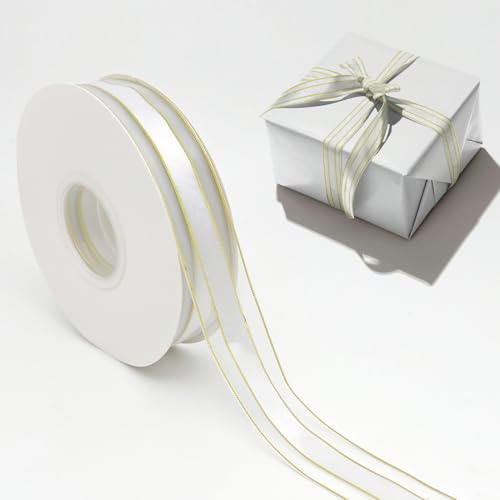 Weiß Geschenkband, Geschenkband Stoffband mit Goldverzierung,Weiß Band Rolle Organzaband(2.5cm/45m) von Vsosfiza