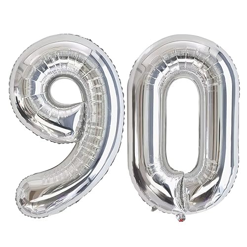 Vthoviwa 40 Zoll/18 Farbens Luftballon Zahlen 90 Silbrig, Luftballon 90. Geburtstag Foil Ballon, 0123456789,10-19,20-25,30,40,50,60,70,80,90, Folienballon 90 Party Dekoration Helium Unterstützen von Vthoviwa