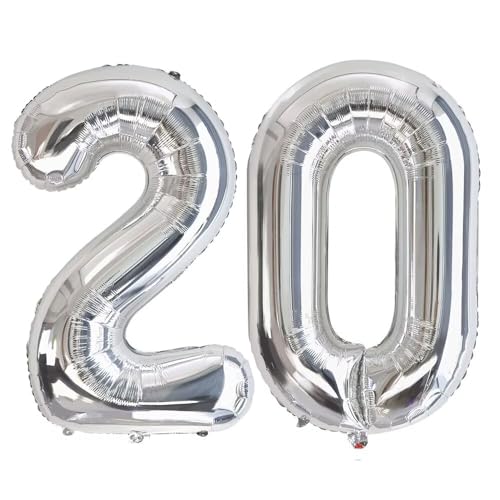Vthoviwa 32 Zoll Luftballon Zahlen 20 Silbrig, Luftballon 20. Geburtstag Foil Ballon, 0123456789,10-19,20-25,30,40,50,60,70,80,90, Folienballon 20 Party Dekoration von Vthoviwa