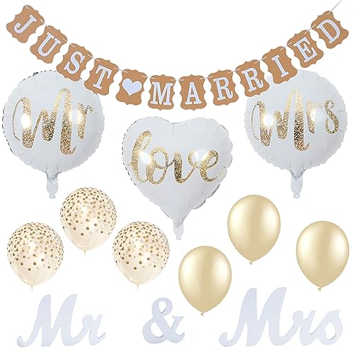 Vueinrg Hochzeitsdeko Set Just Married Girlande Banner Mr & Mrs Deko Buchstaben Hochzeit Holz mit Folienballon für Vintage Tischdeko Rustikal Party und Brautdusche von Vueinrg