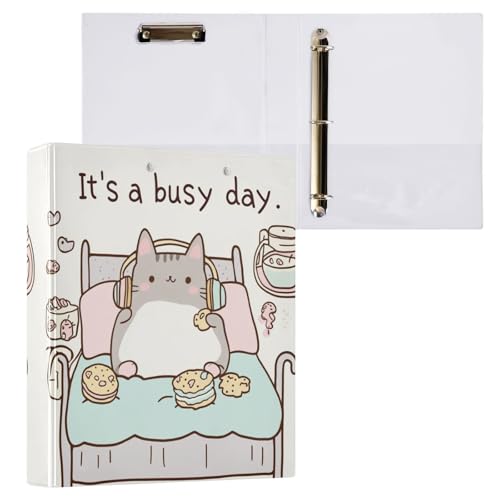 Vuiyean Funny Cute Cat Chill Lazy Kitty Ordner, 3,8 cm, 3 Ringe mit Klemmbrett und 2 Taschen, große, robuste Ordner, dekorativer D-Ringbuch, flexibel, Hardcover, hält 200 Blatt von Vuiyean