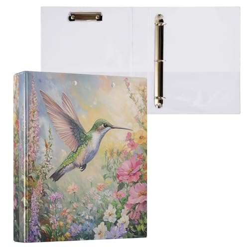 Vuiyean Schöne Kolibri-Blumen, 3,8 cm, 3 Ringe mit Klemmbrett und 2 Taschen, große, robuste Ordner, dekorativer D-Ringbuch, flexibel, Hardcover, hält 200 Blatt von Vuiyean