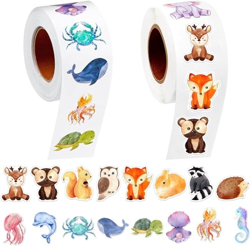 1000 Stück Cartoon Tier Aufkleber,Runde Tiere Stickerrolle Wasserdicht Selbstklebende Sticker Animal Sticker Kinder Tier Belohnungsaufkleber für Belohnung Scrapbooking Grußkarten 2 Rolle von Vulevirtue