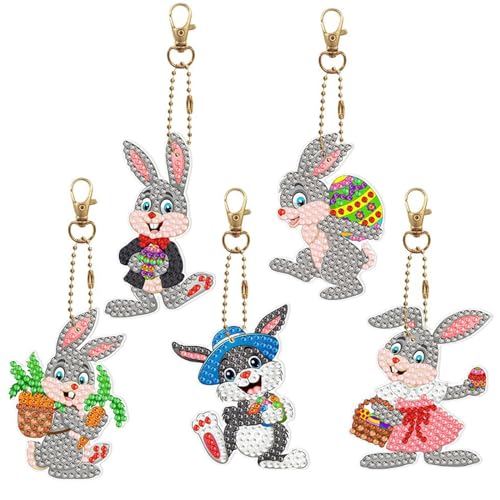 Vulevirtue 5 Stück Mädchen Hase Ostereier DIY Keychains,Diamond Painting Kinder Ostern DIY Diamond Painting Schlüsselanhänger 5D Diamond Art Painting Anhänger Set Ostergeschenk Oder Osterdeko Kinder von Vulevirtue