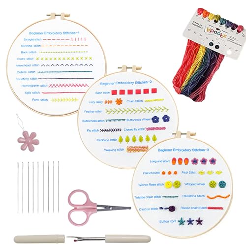 Vxcbad 3 Sets Sticken Set Erwachsene Stickset Stricken für Anfänger Set mit Mustern und Anweisungen, Stickerei Kleidung, Bambus Reifen, Fäden und Nadeln von Vxcbad