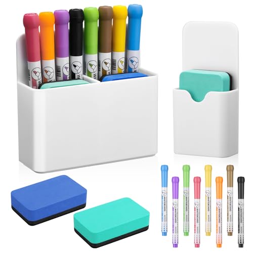 Vyuwast 12 Stück Whiteboard Zubehör, 2 Stifthalter Magnetisch mit 2 Stück Whiteboard Schwamm 8 Whiteboard Marker,Magnetischer Stifthalter für Schule,Büro,Whiteboard,Kühlschrank(Weiß) von Vyuwast