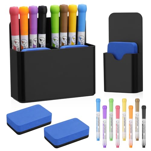 Vyuwast 12 Stück Whiteboard Zubehör,2 Stifthalter Magnetisch mit 2 Stück Whiteboard Schwamm 8 Whiteboard Marker,Magnetischer Stifthalter für Schule,Büro,Whiteboard,Kühlschrank von Vyuwast