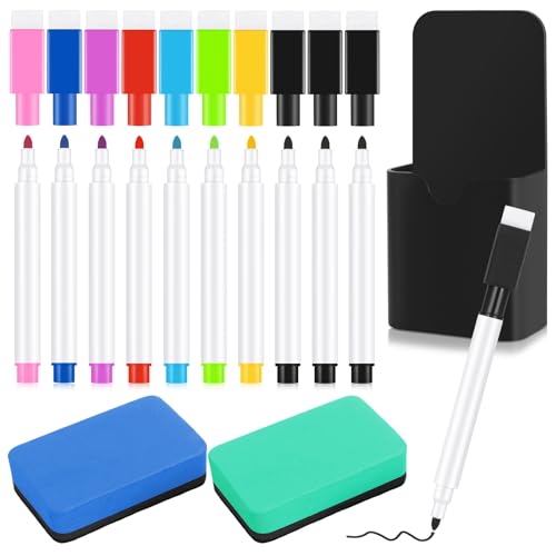 Vyuwast 13 Stück Whiteboard Zubehör, Stifthalter Magnetisch mit 2 Stück Whiteboard Schwamm 10 Whiteboard Marker,Magnetischer Stifthalter für Schule,Büro,Whiteboard,Kühlschrank von Vyuwast