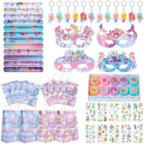 Vyuwast 68 Stück Meerjungfrau Party Kindergeburtstag Geschenke Set Meerjungfrau Mädchen Geburtstag Deko Mermaid Mitgebsel Geschenktüten Augenmaske Schlüsselanhänger Armbänder Tattoo-Aufkleber von Vyuwast