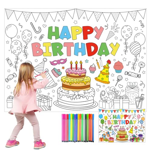 1 Stück Ausmaltischdecke Kinder Ausmaltischdecke Einschulung Maltischdecke für Kinder Happy Birthday Deko Ausmal-Tischdecke Happy Birthday Poster zum Ausmalen mal Tischdecke mit 18 PCS Aquarellstifte von W Rxkiocs