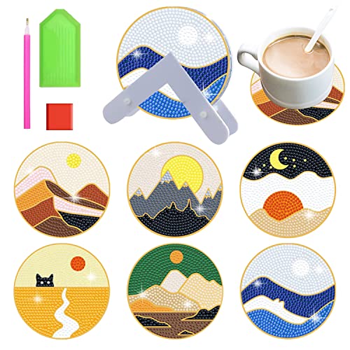 6PCS Diamond Painting Untersetzer 5D Diamond Painting Landschaft Zubehör Mit Halter Für Küche Trinken Untersetzer Handwerk (Sonnenuntergang Und Landschaft) von W Rxkiocs