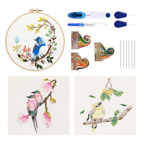 Stickerei Kit Stickset Für Anfänger DIY Kreuzstich Set Blume und Vogel Muster Stickerei Werkzeugsatz Mit Verstellbarer Stickrahmen Sticknadel Farbe Embroidery Thread von W Rxkiocs