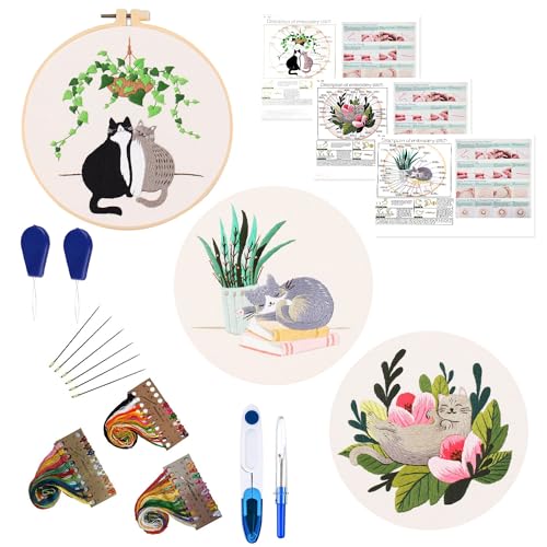 W Rxkiocs Stickerei Kit Stickset Für Anfänger DIY Kreuzstich Set Katze Muster Stickerei Werkzeugsatz Mit Verstellbarer Stickrahmen Sticknadel Farbe Embroidery Thread von W Rxkiocs