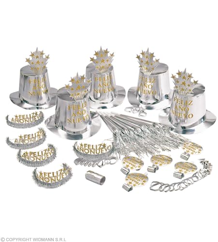 Widmann 8009R - Party Set Feliz ano Nuevo in Silber, 5 Partyhüten, 5 Kronen, 5 Partytrompeten, 5 Tröten u. 1 Pack Luftschlangen, spanischer Text, Frohes neues Jahr mit Glitzer u. Lametta Widmann 8009R - Party Set Feliz ano Nuevo in Silber, 5 Partyhüten, 5 Kronen, 5 Partytrompeten, 5 Tröten u. 1 Pack Luftschlangen, spanischer Text, Frohes neues Jahr mit Glitzer u. Lametta von W WIDMANN MILANO Party Fashion