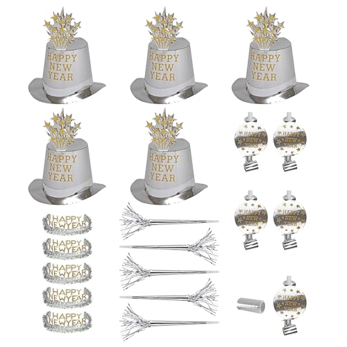 Widmann 8007C- Party-Set Happy New Year, Silber, Set aus 5 Partyhüten, 5 Kronen, 5 Partytrompeten, 5 Tröten und 1 Pack Luftschlangen, Silvester, Hut, Kopfschmuck, Accessoire, Mottoparty von W WIDMANN MILANO Party Fashion