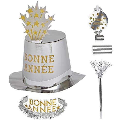 Widmann 8008F- Party-Set Bonne Année, Silber, Set aus 5 Partyhüten, 5 Kronen, 5 Partytrompeten, 5 Tröten und 1 Pack Luftschlangen, Französisch, Silvester, Hut, Kopfschmuck, Accessoire, Mottoparty von W WIDMANN MILANO Party Fashion