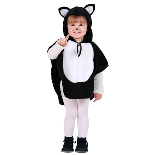 W WIDMANN MILANO Party Fashion - Kinderkostüm Katze aus Plüsch, Poncho mit Kapuze, Karneval, Mottoparty für Mädchen, Größe 110 cm, 3 - 4 Jahre, Unisex, White / Black von W WIDMANN MILANO Party Fashion