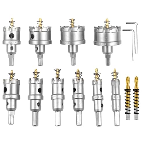 W&H 14tlg Bi-Metall Lochsäge Set mit10 * Lochsägen Ø16mm-55mm, 2 * Ersatz Hartmetallbohrer und 2 * L-Förmiger Schraubenschlüssel, Kann Löcher in Holz, Metall, Marmor und Kunststoffbretter Bohren von W&H