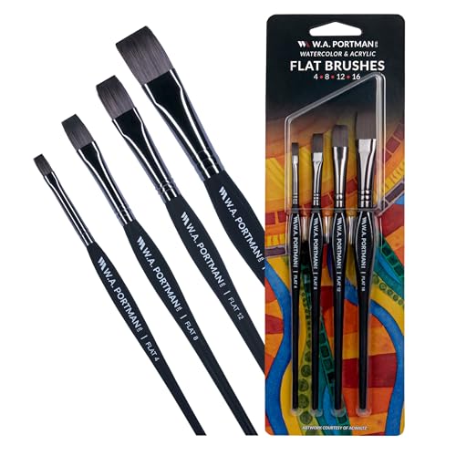 W.A. Portman Flaches Pinsel-Set, 4 Stück, Flachpinsel für Aquarellmalerei, professionelles Aquarell- und Acrylpinsel-Set, Acryl- und Aquarellpinsel mit dreieckigem Komfortgriff von W.A. Portman