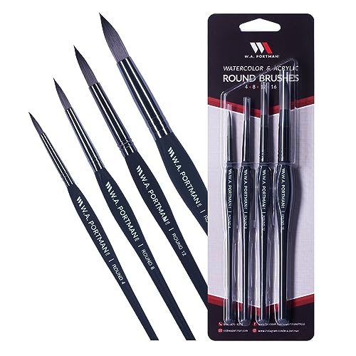 WA Portman Rundes Malpinsel-Set, 4 Stück, runde Aquarellpinsel für Aquarell und Acryl, professionelles Wasserfarben-Pinsel und Acryl-Pinsel-Set mit Komfortgriff von W.A. Portman