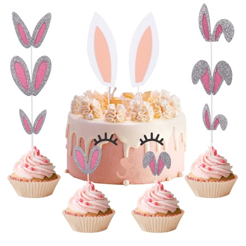 WACH AUF 1 Set Hasenohren Tortendeko (Große Hasenohren,Wimpern,Nase)+12 Pcs Cupcake Toppers Rosa Happy Easter Kuchen Dekoration für Ostern Tortendeko Kinder Bunny Themenparty von WACH AUF