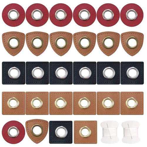 WACH AUF 60 PCS Oesen Patches, Ösen Kunstleder Leder Ösen Patches Mix Öesen, Ösenpatches Kit mit zwei Rollen 30m Nähgarn, Lederimitat Ösenpatch zum Kleidung Annähen auf Hoodies Sweatjacken Pullover von WACH AUF