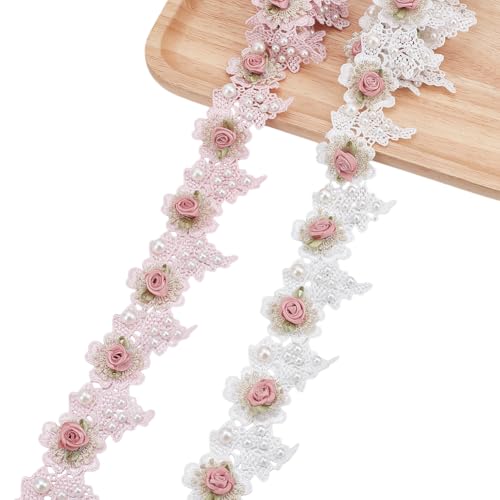 WADORN 1.83m 2 Stile Vintage Rosenblüten Perlen Spitzenbesatz Spitzenbesatz Mit Bestickten Blumen 5cm Polyester Florales Spitzenband Applikation Für Hochzeitsornamente DIY Näharbeiten von WADORN