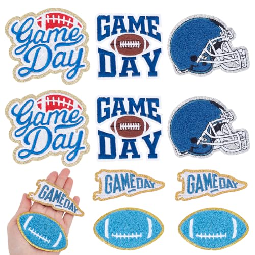 WADORN 10 Stück Game Day Aufbügler Patches In 5 Stilen Bestickter Fußball Rugby Helm Stoffaufnäher Zarte Applikation Zum Selbermachen Für Kleidungsstücke Für Rucksack Jeans T Shirt Schuh Look Blau von WADORN