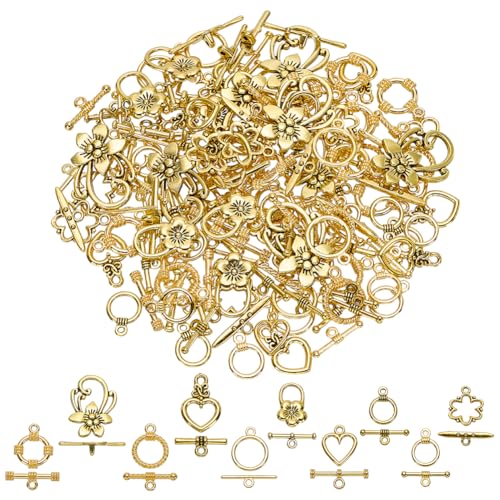 WADORN 100 Set 10 Stilen Knebelverschluss Set Für Schmuck, T Stab Verschlussverschlüsse OT Blumenherz Verschlüsse Knebelverschlüsse Aus Legierung Verbindungsstücke Mit Biegeringen, Antik Golden WADORN 100 Set 10 Stilen Knebelverschluss Set Für Schmuck, T Stab Verschlussverschlüsse OT Blumenherz Verschlüsse Knebelverschlüsse Aus Legierung Verbindungsstücke Mit Biegeringen, Antik Golden von WADORN