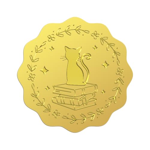 WADORN 100 Stück 5cm Katzenbuch Stern Goldfolie Siegel Geprägter Aufkleber Runder Briefumschlagaufkleber Mit Tiermotiv Selbstklebend Geprägtes Siegeletikett Für Umschläge Einladungen Karten Diplome von WADORN