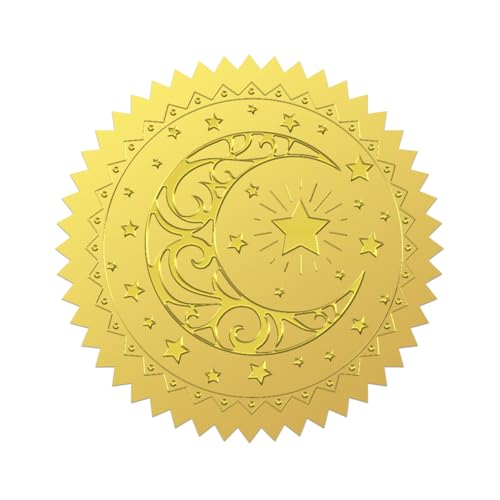 WADORN 100 Stück 5cm Sterne Mond Goldfolie Siegel Geprägter Aufkleber Runder Goldener Astrologie Umschlagaufkleber Selbstklebendes Geprägtes Siegeletikett Für Einladungskarten Diplome von WADORN