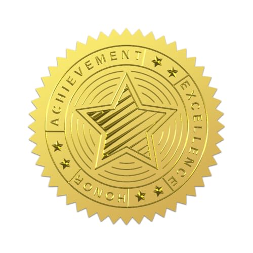 WADORN 100 Stück Goldfolie Aufkleber Achievement Star, 5cm Runder Selbstklebender Geprägter Siegelaufkleber Mit Zweizackigem Stern Excellence Honor Goldfolie Für Karten Diplome Auszeichnungen von WADORN