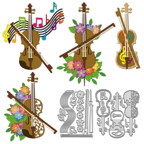 WADORN 2 Stück Metall Stanzformen Mit Violine Und Blume Metall Stanzschablonen Mit Musikinstrumenten Violine Musiknoten Prägewerkzeug Aus Karbonstahl Schnittschablonen Für DIY Scrapbooking Alben von WADORN