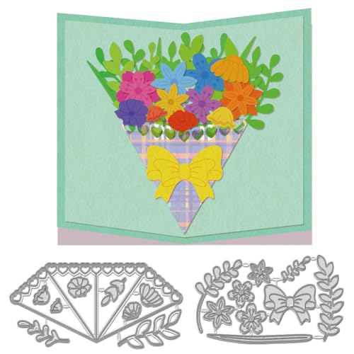 WADORN 2 Stück Pop-up-Grußkarte Stanzschablonen Aus Karbonstahl Mit Blumenstrauß, 3D-Geschenk Stanzformen Mit Blumenmotiv Metall-Stanzschablonen Für Bastelarbeiten Scrapbooking Fotoalbum Dekor von WADORN