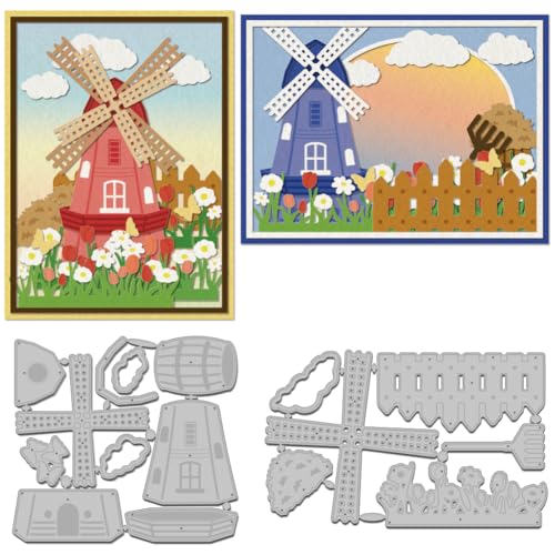 WADORN 2 Stück Windmühle Gestanzte Bauernhof Metallstanzform. Prägeschablone Aus Karbonstahl Im Grasland Stil Mit Tulpen Und Blumen Für Scrapbooking Albumdekor Prägepapier Stanzformen von WADORN