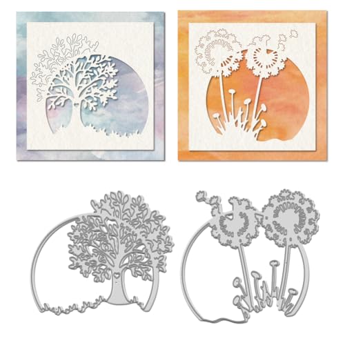 WADORN 2 x Stanzform Mit Baumrahmen Für Karten. Metall Stanzschablonen Mit Löwenzahnbaum Hintergrund Runder Rahmen Baum Scrapbooking Dekorative Prägeschablone Für Scrapbook Einladungen von WADORN