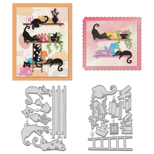 WADORN 2 x Stanzschablone Mit Bücherregal Katze. Bücherregal Mit Katzenmotiv Blumen Präge Stanzset Kletterregal Mit Katze Metall Stanzformen Zum Herstellen von Scrapbooking von WADORN