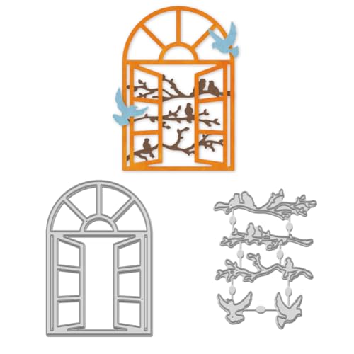 WADORN 2 x Stanzschablone Mit Vogelmotiv Für Fenster. Präge Stanzset Mit Fensteransicht Vorlage Fensterrahmen Metall Stanzformen Stanzformen Für Scrapbooking Erstellen von Fotoalben von WADORN