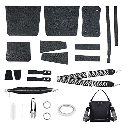 WADORN 23 Stücke Diy Leder Handwerk Tasche Herstellung Werkzeug Kit, Stricken Häkeln Tasche Nähmaterial Handgefertigte Geldbörse Umhängetaschen alle Zubehörteile, 79~124x3.7x0.1 cm (Schwarz) von WADORN