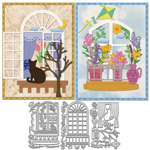 WADORN 3 Stück Fenster Pflanzen Hintergrund Rahmen Stanzformen Schablonen Metall Stanzformen Mit Fensterhintergrund Album Dekorative Prägepapier Stanzformen Für Karten DIY Scrapbooking Vorlage von WADORN